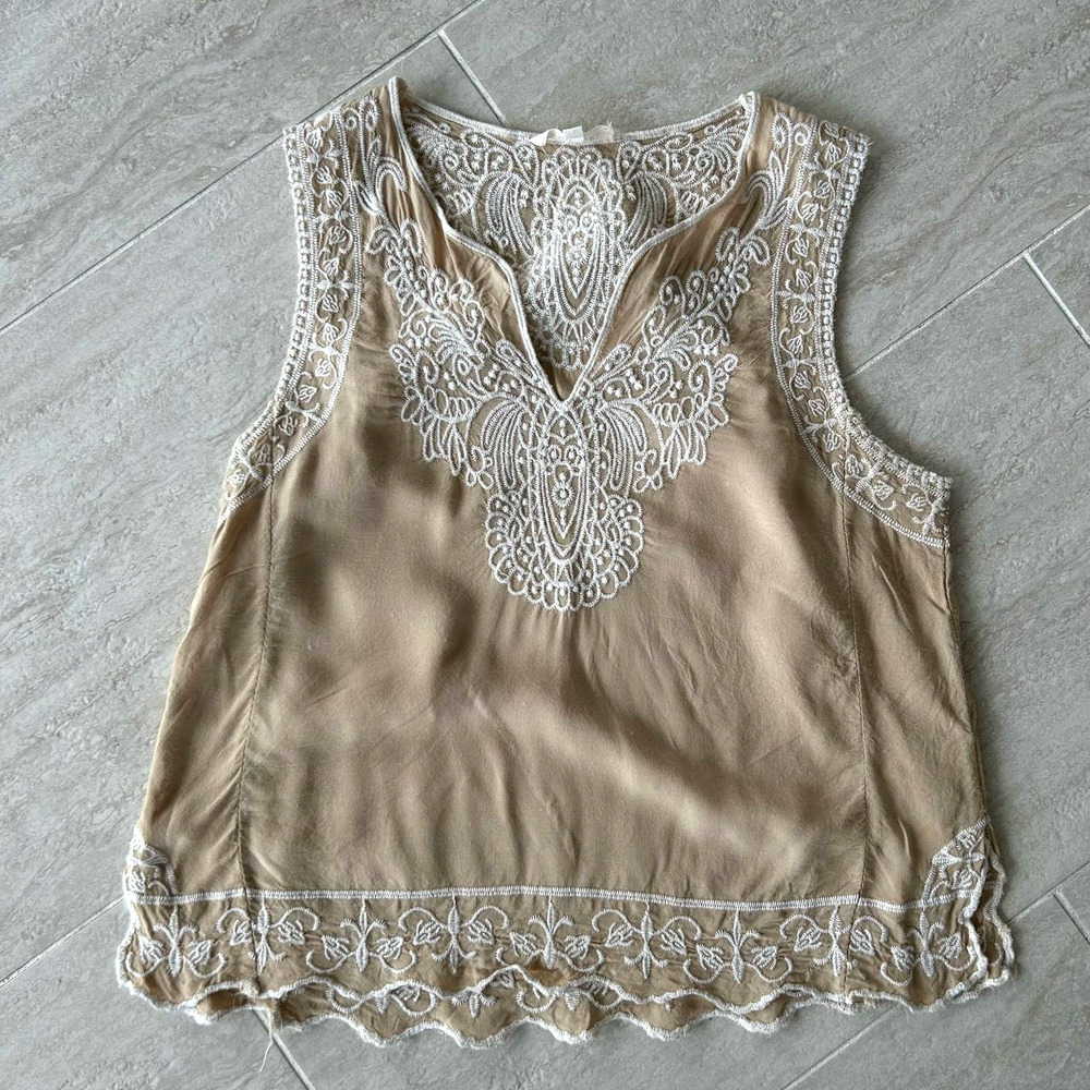 SOLITAIRE Womens Embroidered Tank Top M Medium Beige Tan Boho Casual Summer